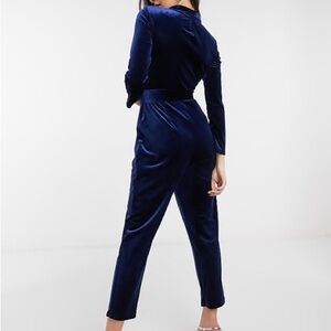 Navy Blue V neck Velvet Long Sleeve Jumpsuit